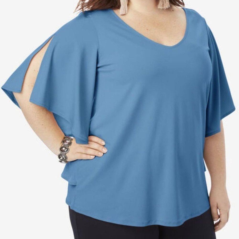 Womens Blue Flutter Sleeve V-Neck Blouse By Roamans Size 18/20 L